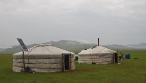Our host family's twin gers. One is home to the kitchen, eating area, and tack room, while the other is home to the family's shrine and main sleeping quarters.