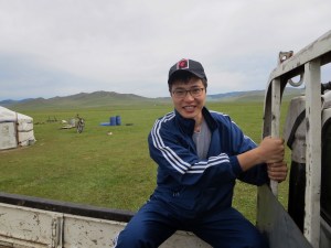 Erdene in the back of the truck as we depart for the mountain ceremony for the second time.