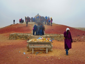 The central shrine, around which Mongolians sing a sacred incantation carved into a monument and make offerings of vodka, candy, and milk. 